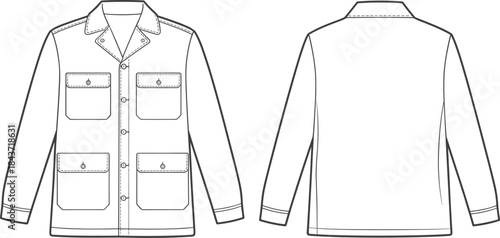 Long sleeve button-up shirt jacket technical flat sketch front and back view with flap pockets and collar fashion template