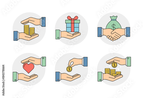 Hands giving, receiving, and sharing money and gifts