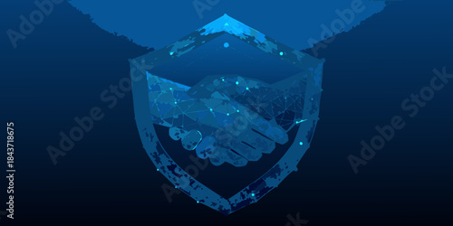 A digital handshake within a shield symbolizing security and trust in technology