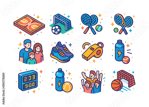 Colorful Sports Icons Grid. Sports Together. Colorful isometric
