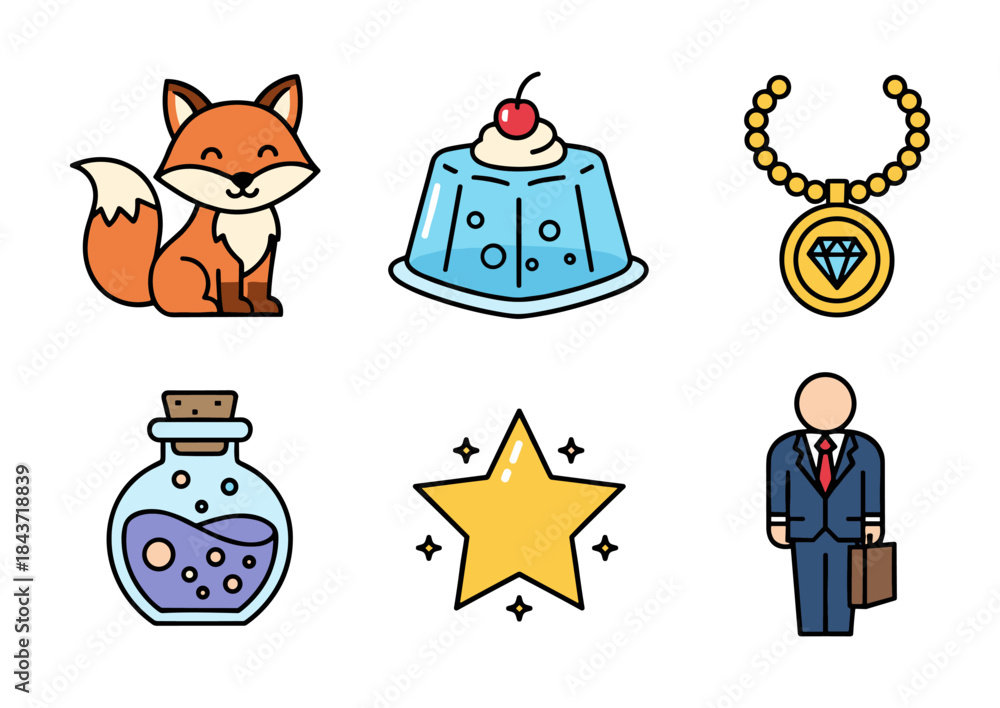 Fototapeta premium Various cartoon icons featuring fox jelly jewelry potion star and businessman