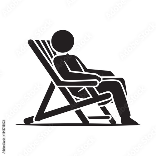 A simple black and white illustration of a person relaxing in a deck chair