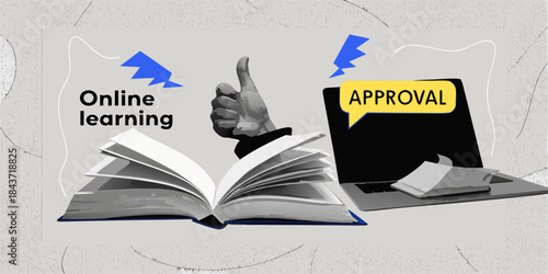 Online learning success open book thumbs up and approval symbol shown