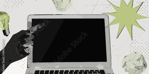 A hand interacting with a laptop surrounded by lightbulb and star illustrations