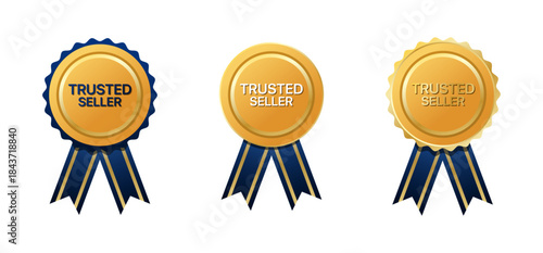 Set of three trusted seller gold award badges with blue ribbons for quality assurance, certification and ecommerce verification vector