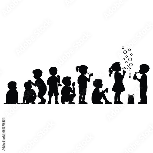 Silhouette of children playing blowing bubbles and experiencing growth stages