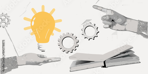 A bright idea emerges with gears hands and an open book s knowledge