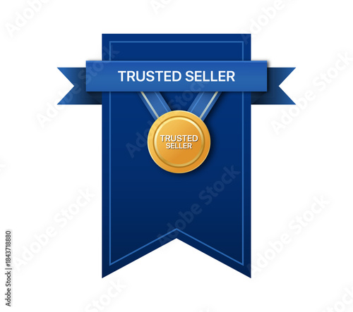 Trusted Seller award ribbon badge with gold medal and blue banner for verified ecommerce store and marketplace seller vector