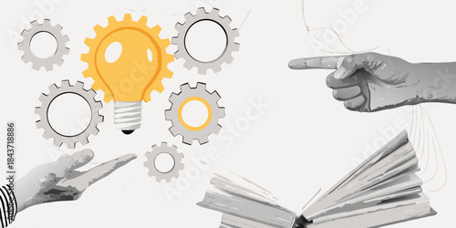 Bright idea hands pointing at a lightbulb surrounded by gears and a book