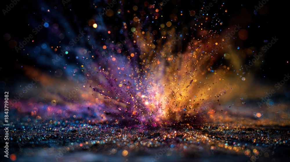 Obraz premium Colorful Sparkle Explosion Scene With Glitter Particles And Dark Background, Vibrant Bokeh Lights And Dynamic Light Burst For Festive, Abstract And Celebration Photos