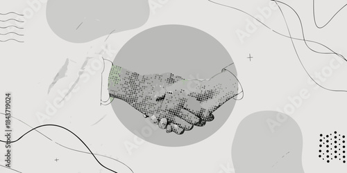 A grayscale depiction of a handshake with abstract shapes surrounding it