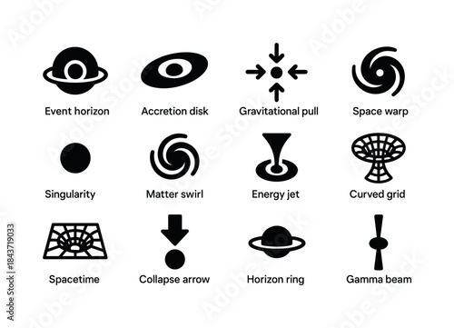 Black Hole Icon Set. Black Hole Science. Solid icon set of Black