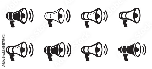 Set of line style megaphone vector icons with radio waves isolated for advertisement