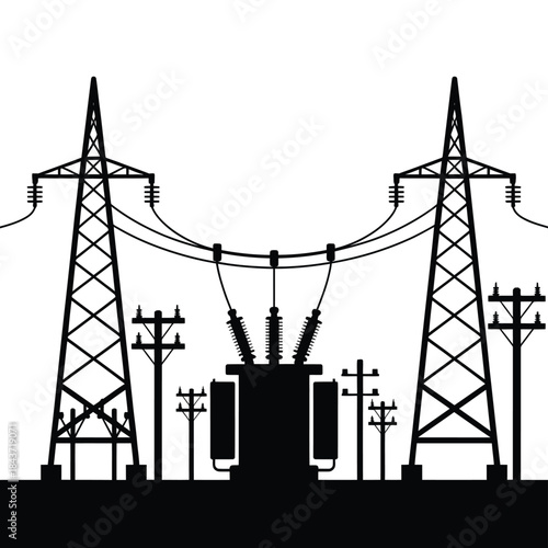 Black silhouette illustration of power lines towers and a transformer station