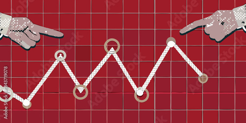 Hands pointing at a financial chart with upward and downward trends