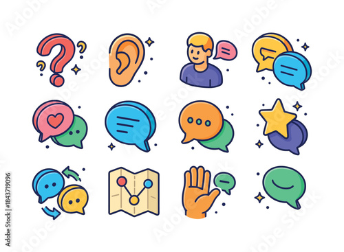 Colorful Conversation Icons. Conversation skills. Colorful isome