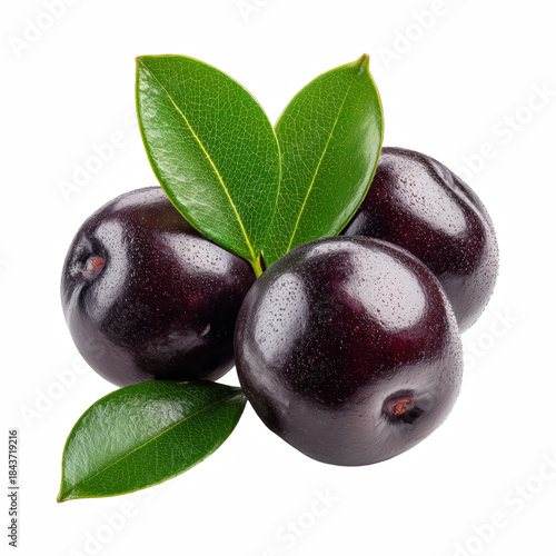 Fresh açaí berries with green leaves, realistic dark purple tropical fruit isolated on transparent background.