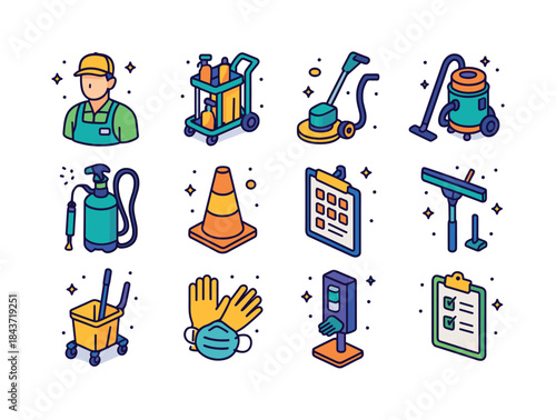 Isometric Cleaning Icons. Professional cleaning. Colorful isomet