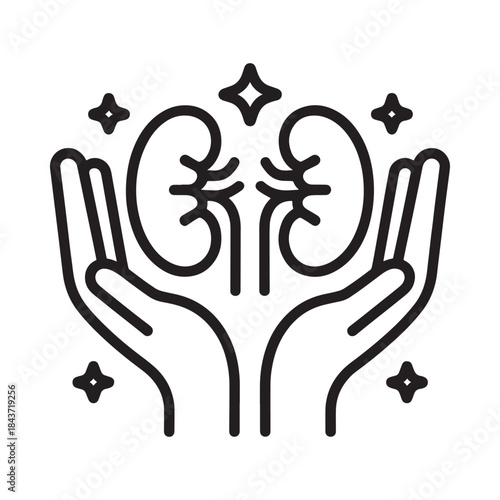 Hands cradling a stylized om symbol with sparkling elements line art