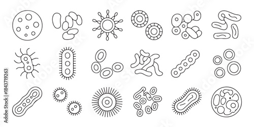 Outline set of diverse bacteria and virus icons featuring various microscopic organisms