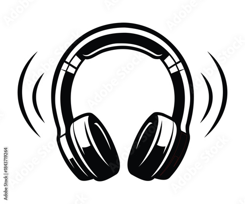 Modern black and white headphone icon with sound waves, minimalist music symbol for audio and entertainment design.