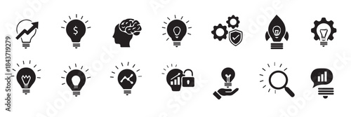 Innovation and Startup Solid Icons Set: Idea, Growth, Brain, Development, Launch, and Strategy