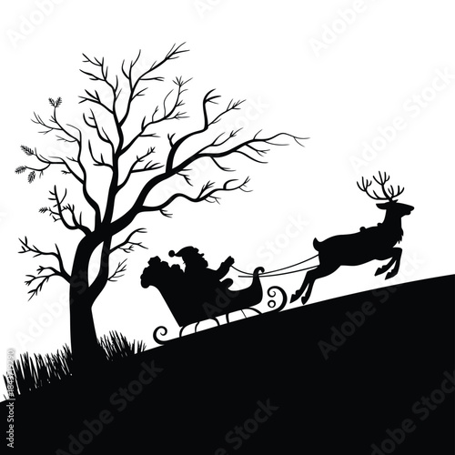 A silhouette of santa claus and reindeer flying through a winter scene