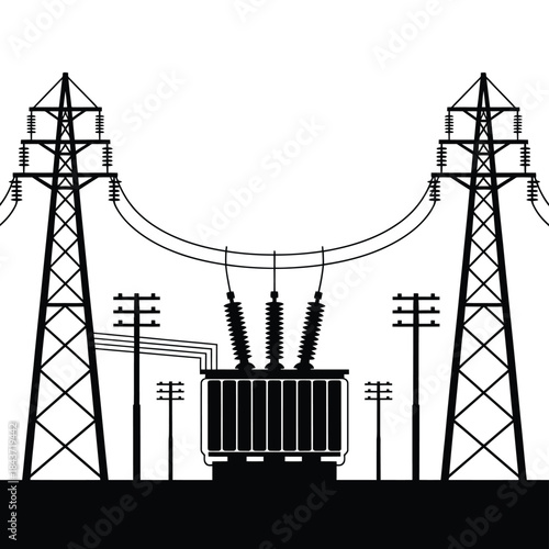 High voltage power lines and transformer station a graphic illustration