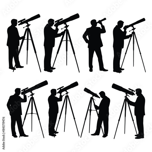 Silhouettes of people observing the night sky with telescopes