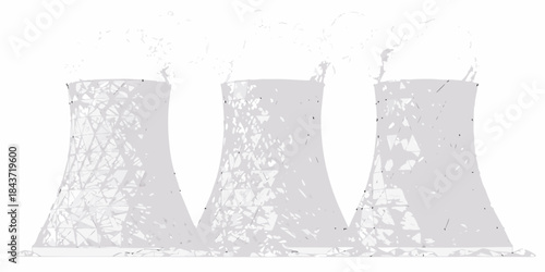 Stylized illustration of three cooling towers emitting white smoke plumes