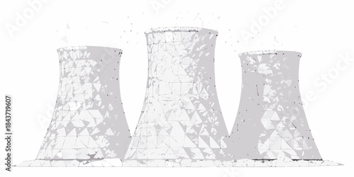 Stylized illustration of three cooling towers with a geometric low poly design