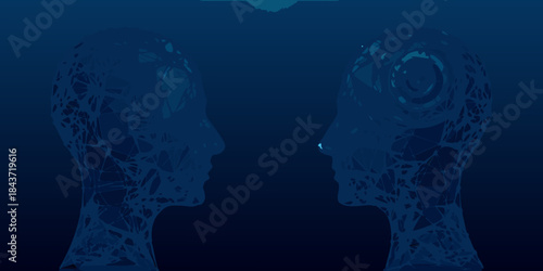 Abstract digital art depicting two translucent human heads facing each other