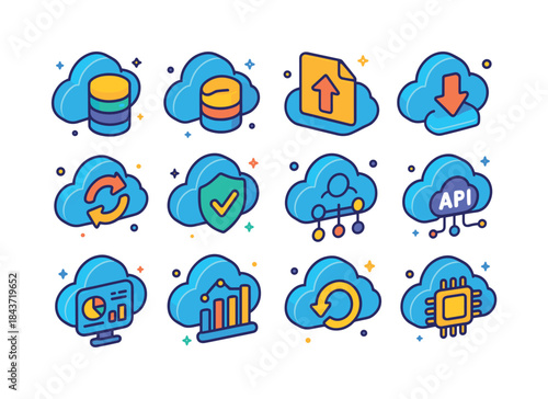 Colorful Cloud Icons Grid. Cloud computing concept. Colorful iso