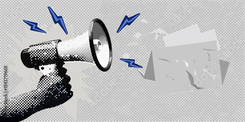 A hand holding a megaphone with lightning bolts and torn paper