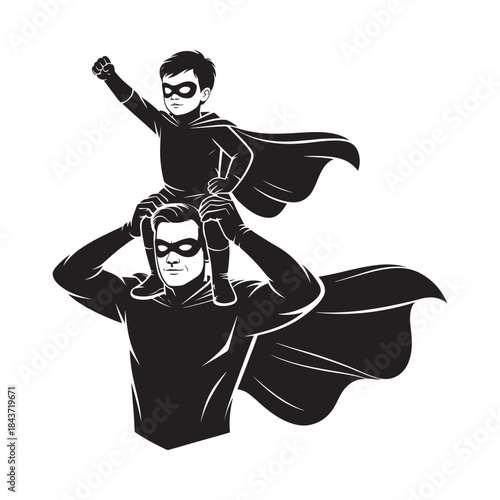 A father and son dressed as superheroes enjoying a playful moment together