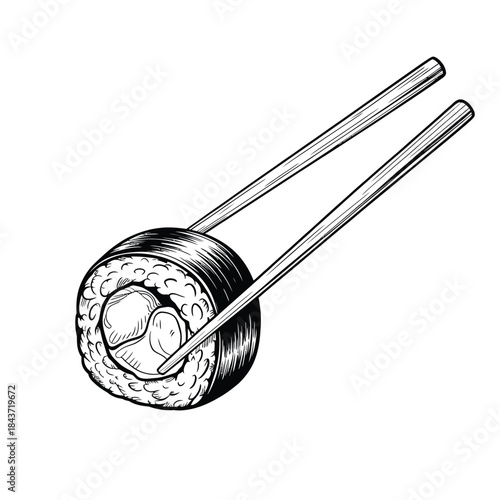 A black and white illustration of sushi with a pair of chopsticks