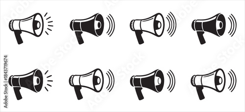 Set of megaphone vector icons with sound waves for alert isolated on white background