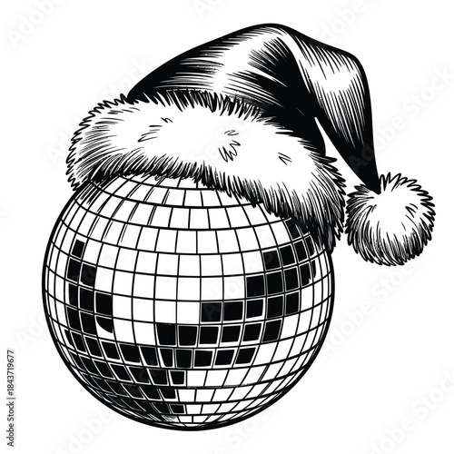 A festive santa hat resting atop a shimmering disco ball illustration