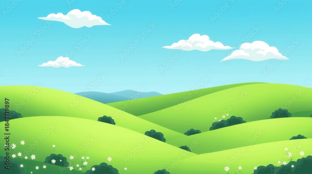 Fototapeta premium Vibrant green rolling hills under a clear blue sky with fluffy white clouds