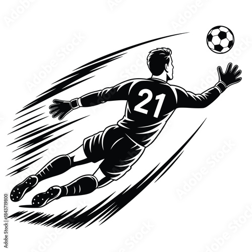 Dynamic soccer goalkeeper leaps to make a dramatic save in action