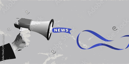 A hand holding a megaphone with a news banner flowing from it