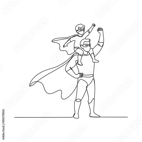 A father and child depicted as superheroes in a single line drawing
