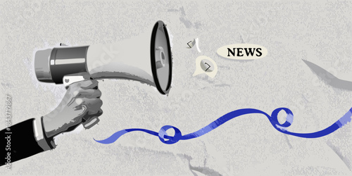A hand holding a megaphone with a news banner and ribbon illustration