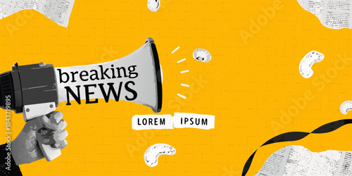 A bold graphic illustration features a megaphone announcing breaking news on yellow