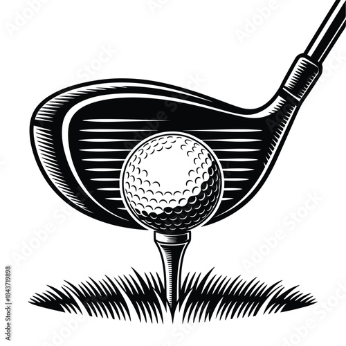 A detailed black and white illustration of a golf ball on a tee