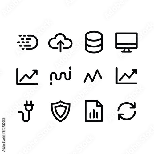 Collection of minimalist line icons representing data security and technology