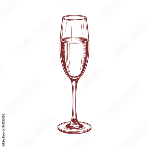A vintage style illustration of a single champagne glass with red tint