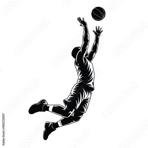 A basketball player in mid air reaching for the ball black and white