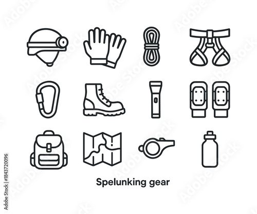 Spelunking Gear Icons. Spelunking Gear. Line icon set of Spelunk