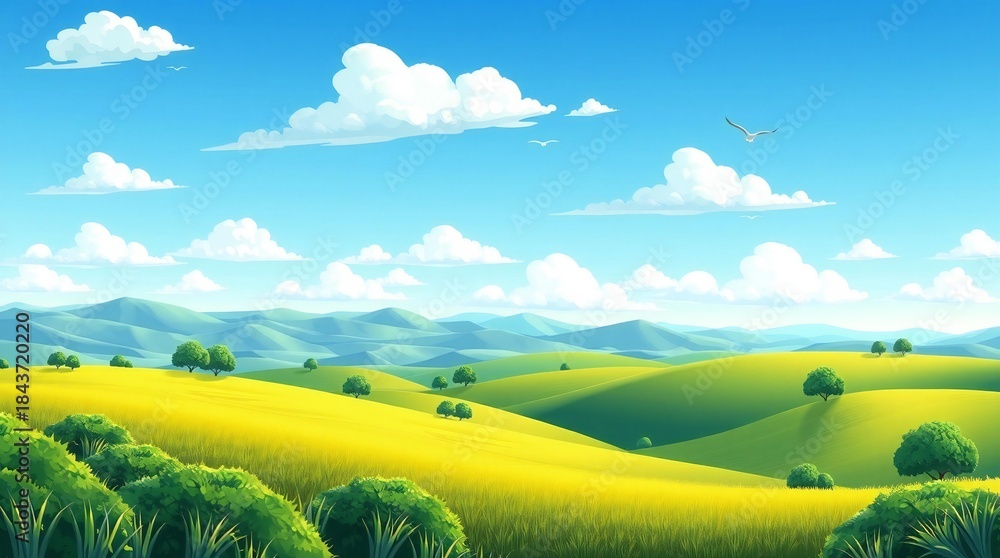 Obraz premium Vibrant green rolling hills under a bright blue sky with fluffy clouds